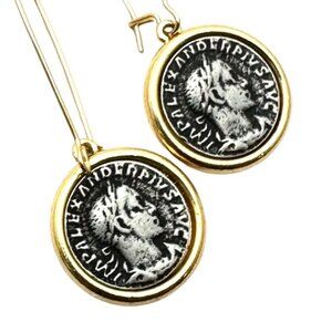 Vintage Ancient French Coin Pierced Earrings 2 Inch Silver & Gold Tone